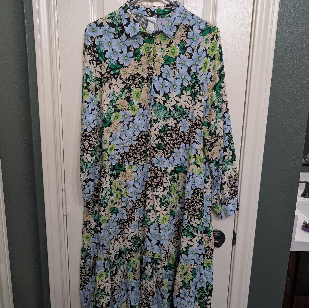 H&M Bloggers Favorite Blue Green Floral Midi Collared Shirt Dress Sz M BOHO